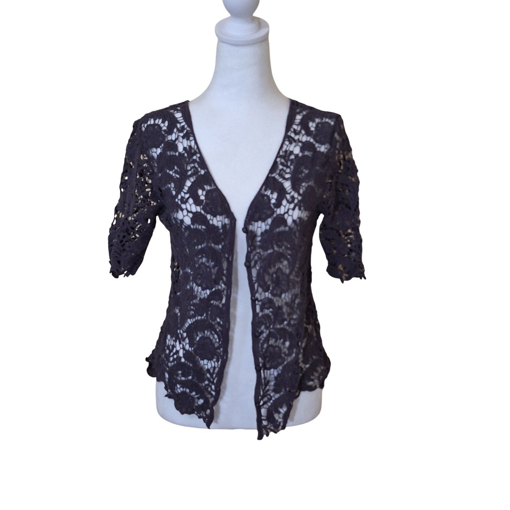 Boho Coastal Cowgirl Purple Floral Lace Crochet Button Front Cardigan Top Small
